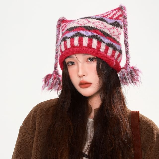 Striped Pom Pom Beanie - Rose Pink / One Size