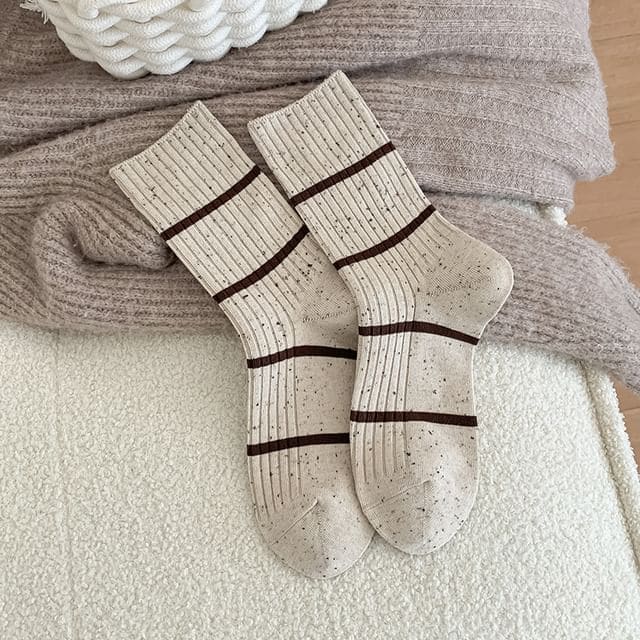 Striped Ribbed Socks - Striped - Khaki / One Size