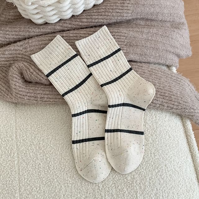 Striped Ribbed Socks - Striped - White / One Size