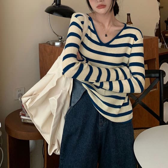 Striped Ribbed Top - Free Size / Blue - Tops