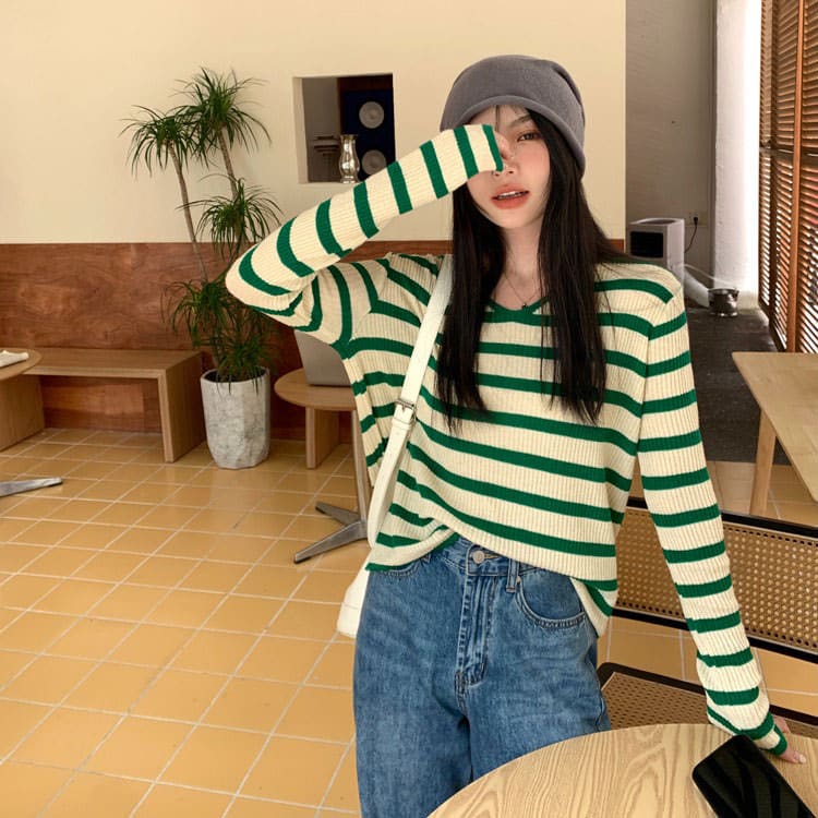 Striped Ribbed Top - Free Size / Green - Tops