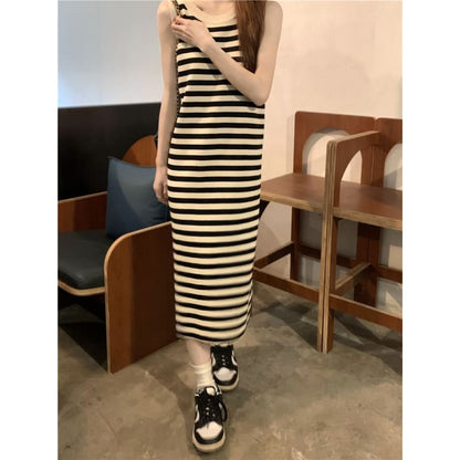 Striped Sleeveless Round Neck Bodycon Long Dress