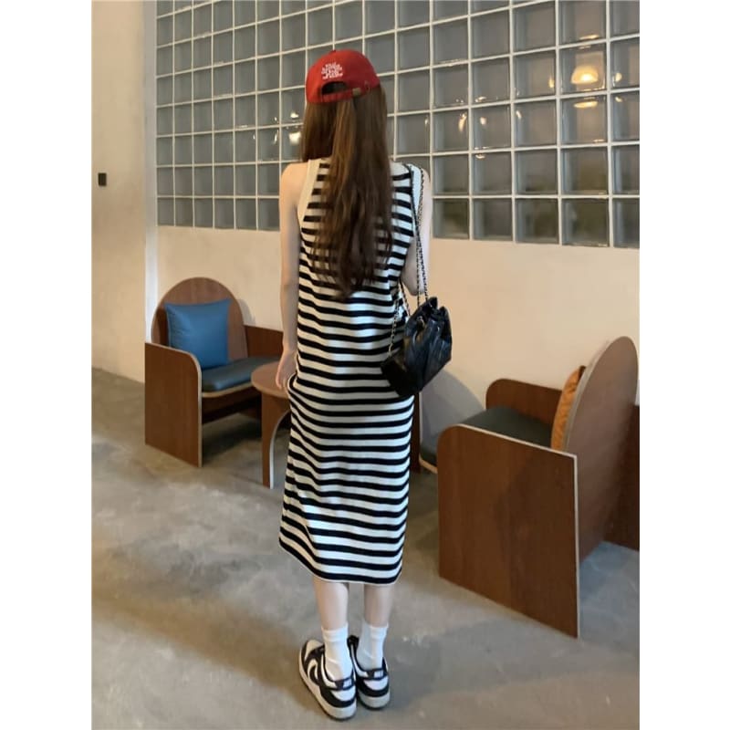 Striped Sleeveless Round Neck Bodycon Long Dress