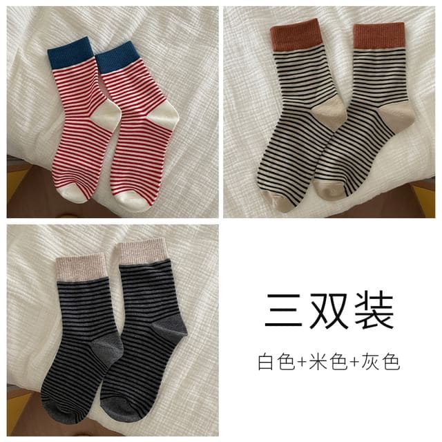 Striped Sock / Set - Set of 3 Pairs - White & Beige & Gray