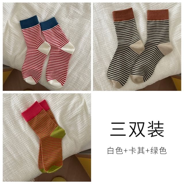 Striped Sock / Set - Set of 3 Pairs - White & Khaki & Green