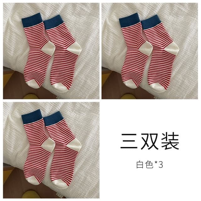 Striped Sock / Set - Set of 3 Pairs - White / One Size