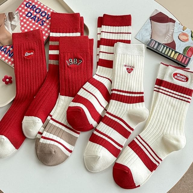 Striped Socks / Letter Embroidered Socks / Set