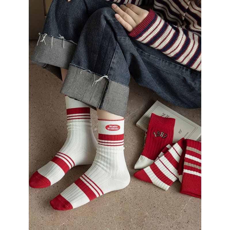 Striped Socks / Letter Embroidered Socks / Set