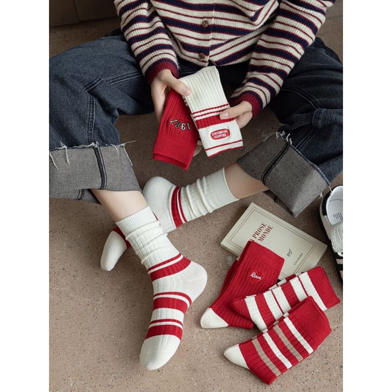 Striped Socks / Letter Embroidered Socks / Set