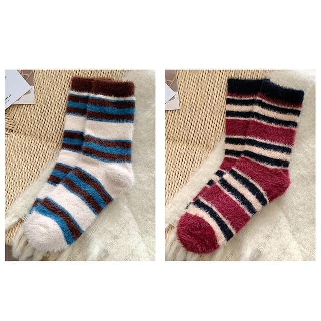 Striped Socks / Set - Set of 2 Pair - Blue & Wine Red