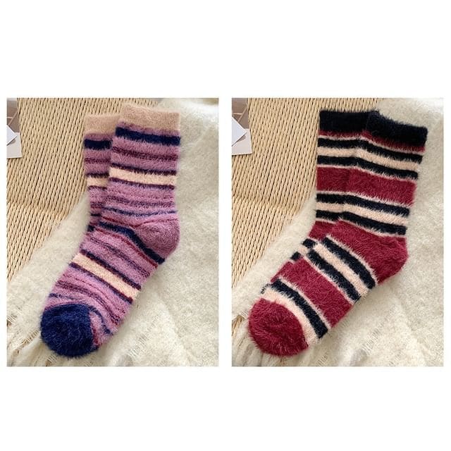 Striped Socks / Set - Set of 2 Pair - Purple & Wine Red