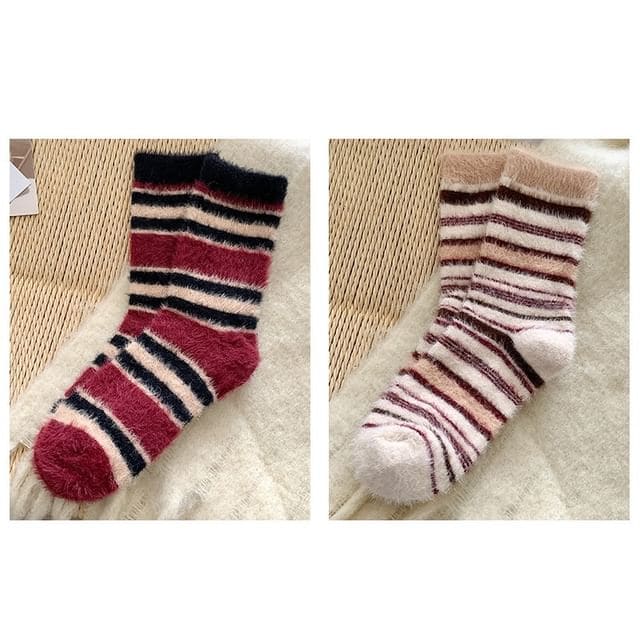 Striped Socks / Set - Set of 2 Pair - Wine Red & Khaki