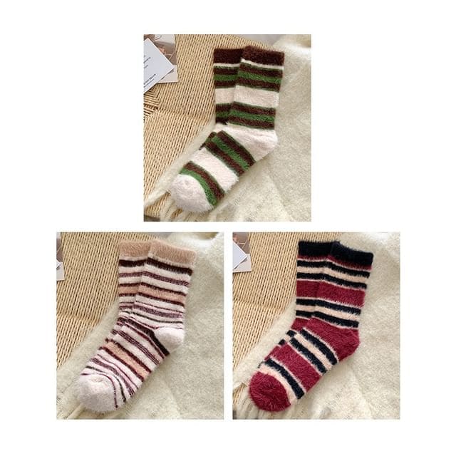 Striped Socks / Set - Set of 3 Pair - Green & Khaki & Wine