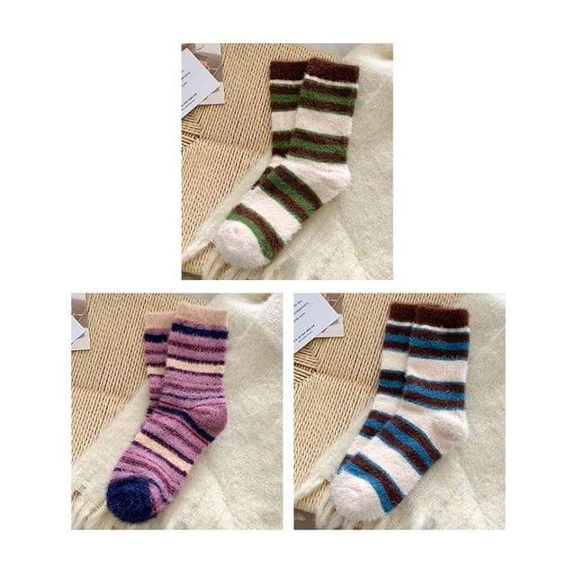 Striped Socks / Set - Set of 3 Pair - Green & Purple & Blue