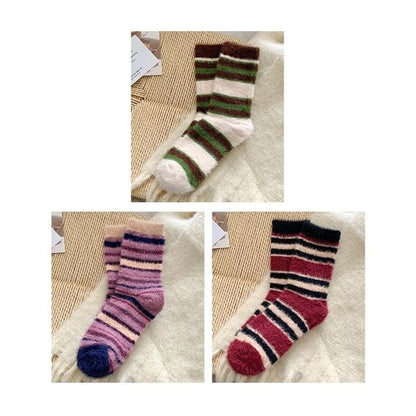 Striped Socks / Set - Set of 3 Pair - Green & Purple & Wine