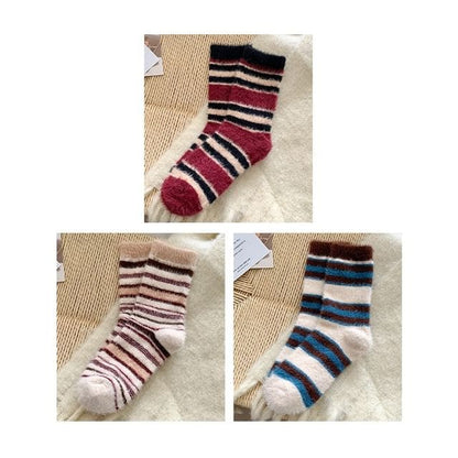 Striped Socks / Set - Set of 3 Pair - Wine Red & Khaki &