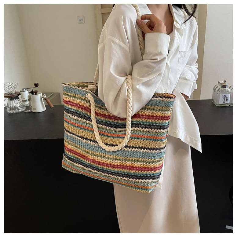 Striped Straw Tote Bag