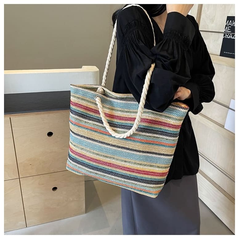 Striped Straw Tote Bag