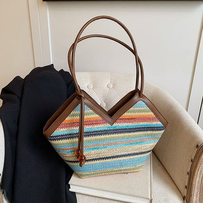 Striped Woven Handbag - Striped - Blue / One Size