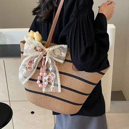 Striped Woven Tote Bag / Scarf / Bag Cham / Set