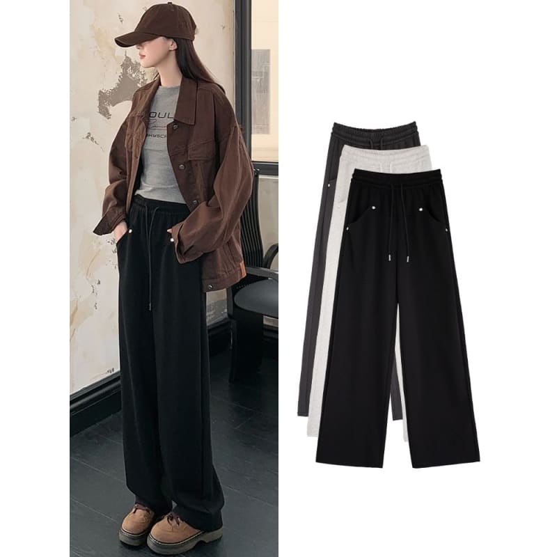 Stud Applique Plain High Rise Drawstring Wide Leg Sweatpants