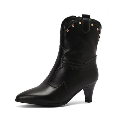 Studded Chunky Heel Short Boots - Black / 34