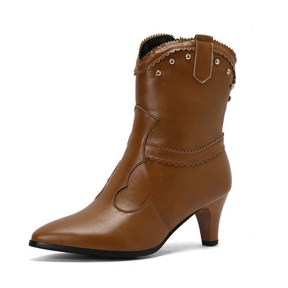 Studded Chunky Heel Short Boots - Brown / 34