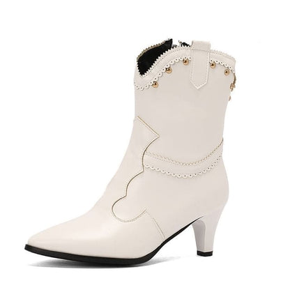 Studded Chunky Heel Short Boots - White / 34