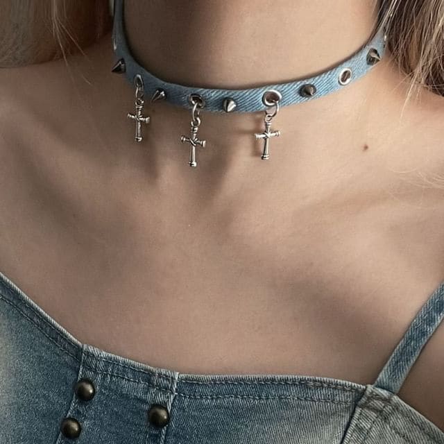 Studded Denim Choker - Cross - Denim Blue / One Size