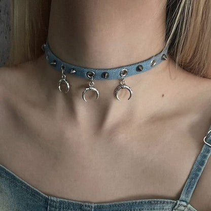 Studded Denim Choker - Moon - Denim Blue / One Size