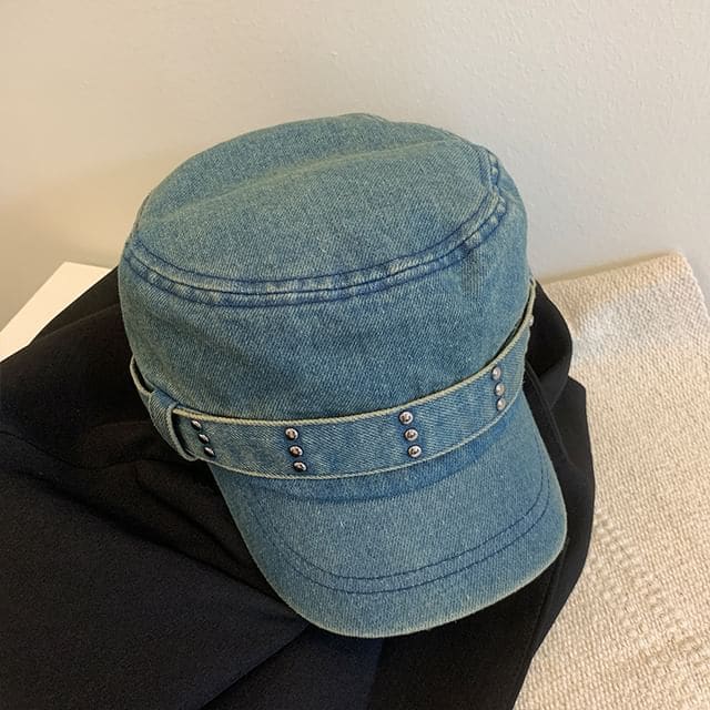 Studded Denim Military Cap - Denim Blue / One Size