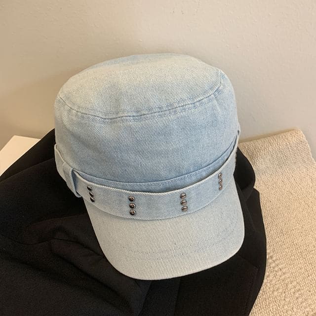 Studded Denim Military Cap - Light Blue / One Size