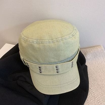 Studded Denim Military Cap - Light Green / One Size