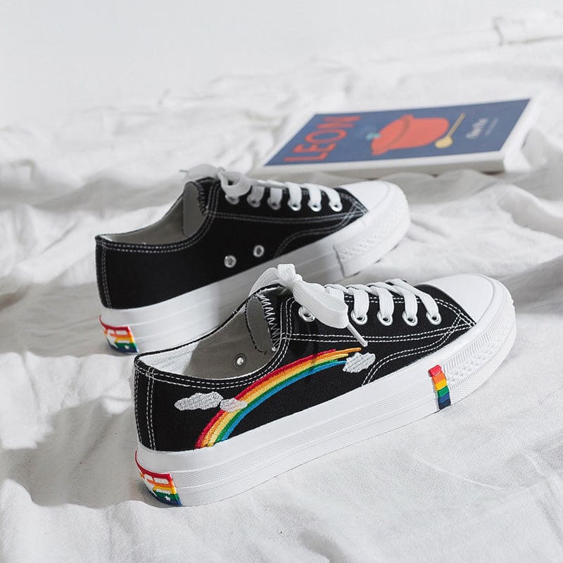 Stylish Rainbow Print High Top Canvas Shoes - Black / 35