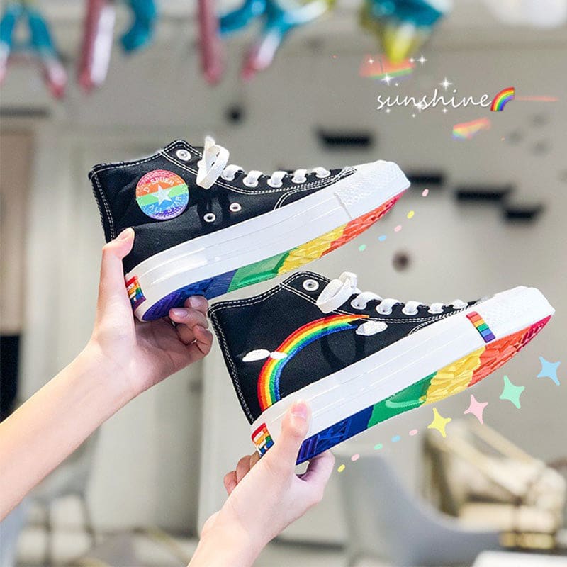 Stylish Rainbow Print High Top Canvas Shoes - Black High