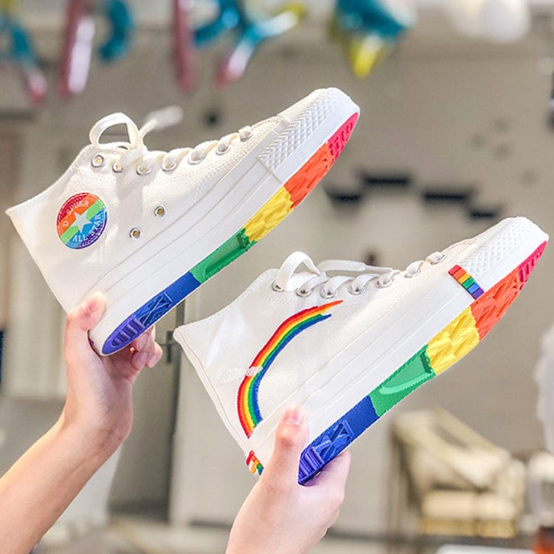 Stylish Rainbow Print High Top Canvas Shoes - White High