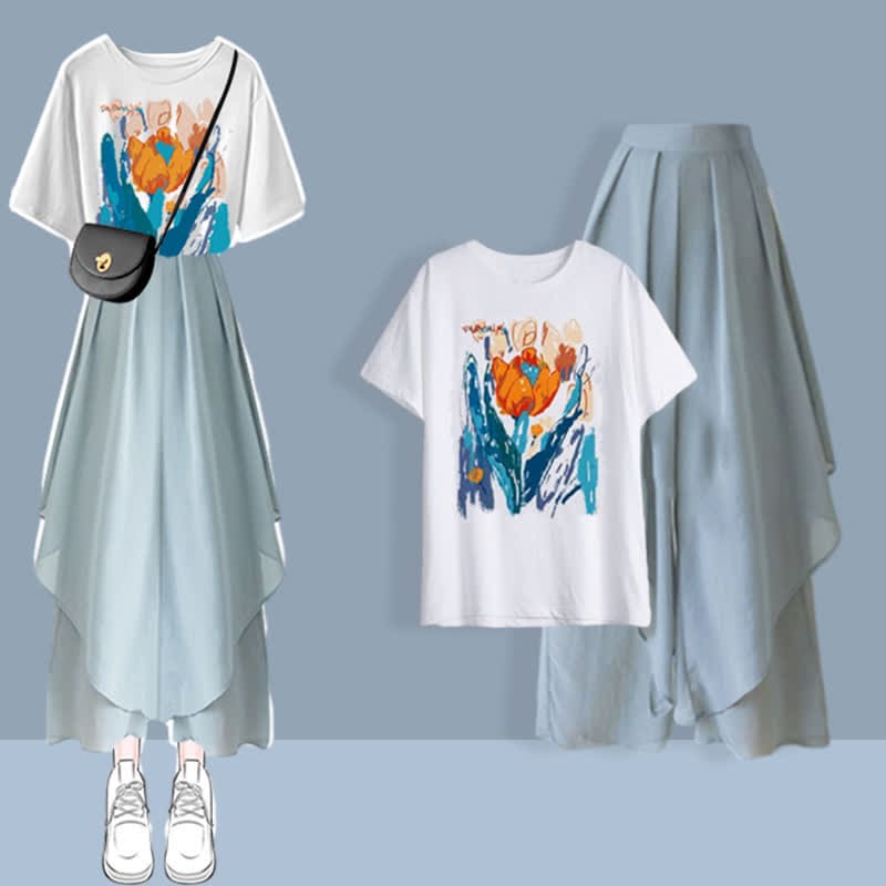 Summer Printed T-Shirt Blue Wide Leg Chiffon Pants Set