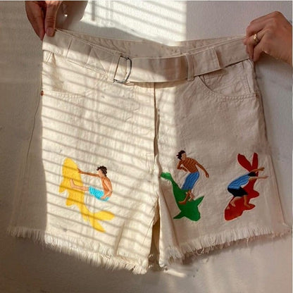 Surfing And Sharks Embroidery Shorts - Shorts