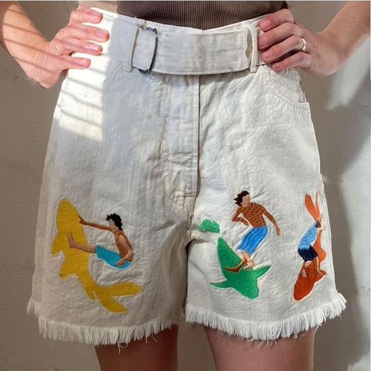 Surfing And Sharks Embroidery Shorts - Shorts