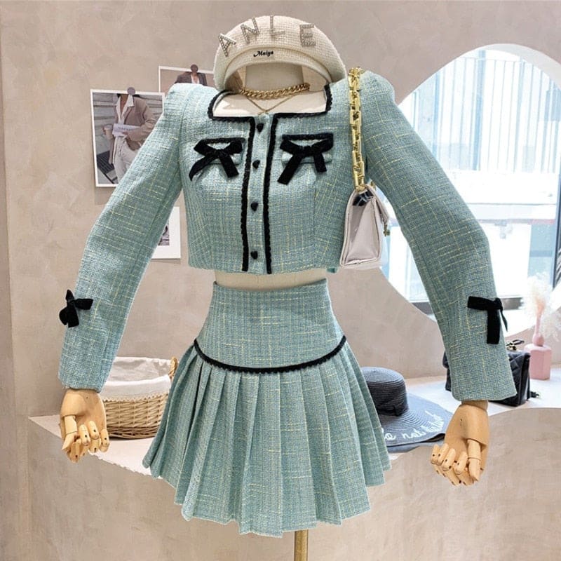 Sweet 2 Piece Set Bow Short Jacket Coat Skirt Vintage