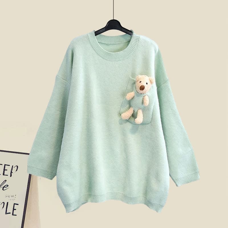 Sweet Bear Pullover Sweater Lapel Pleated Dress - Sweater