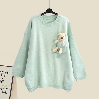 Sweet Bear Pullover Sweater Lapel Pleated Dress - Sweater