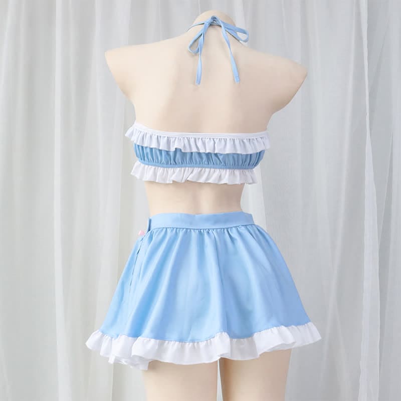 Sweet Blue Lace Up Ruffled Maid Skirt Lingerie Stockings