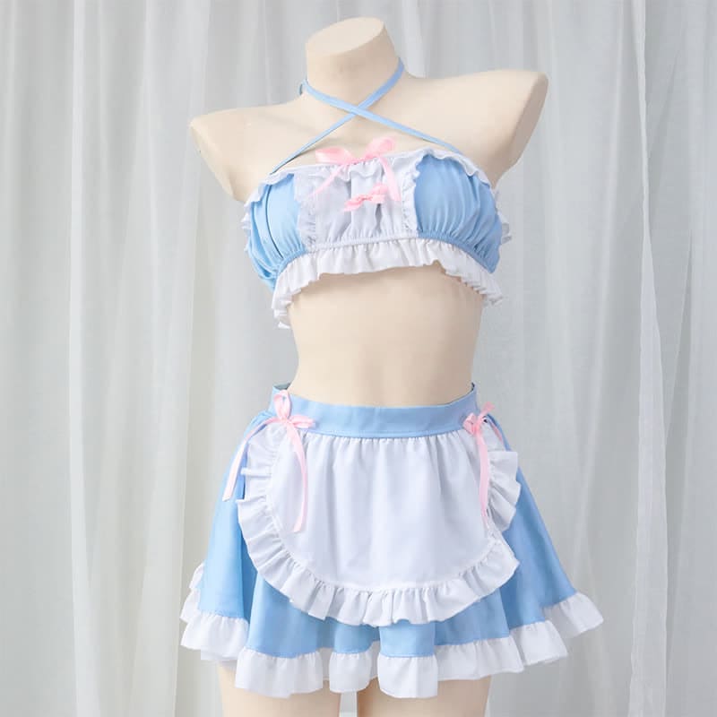 Sweet Blue Lace Up Ruffled Maid Skirt Lingerie Stockings