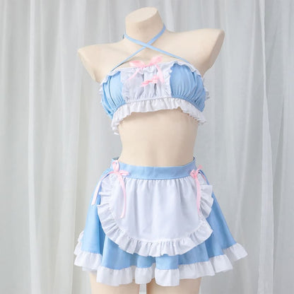 Sweet Blue Lace Up Ruffled Maid Skirt Lingerie Stockings