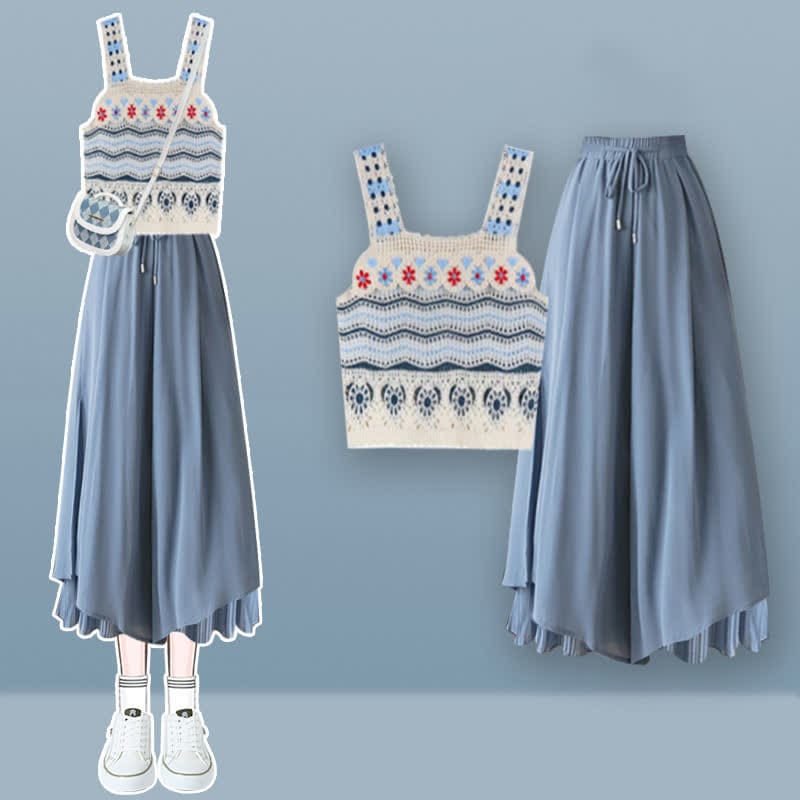 Sweet Boho Hollow Out Vest T-Shirt Blue Split Pantskirt