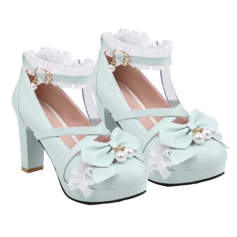 Sweet Bow Decor Lace Chunk Heel Sandals - Green / 35