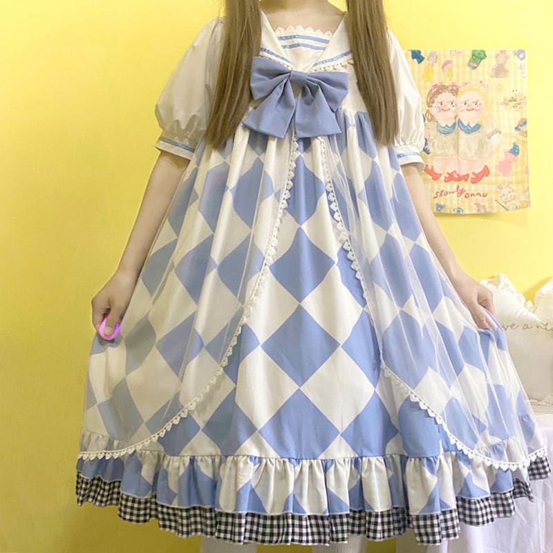 Sweet Bow Square Print Navy Collar Lolita Dress - White / M