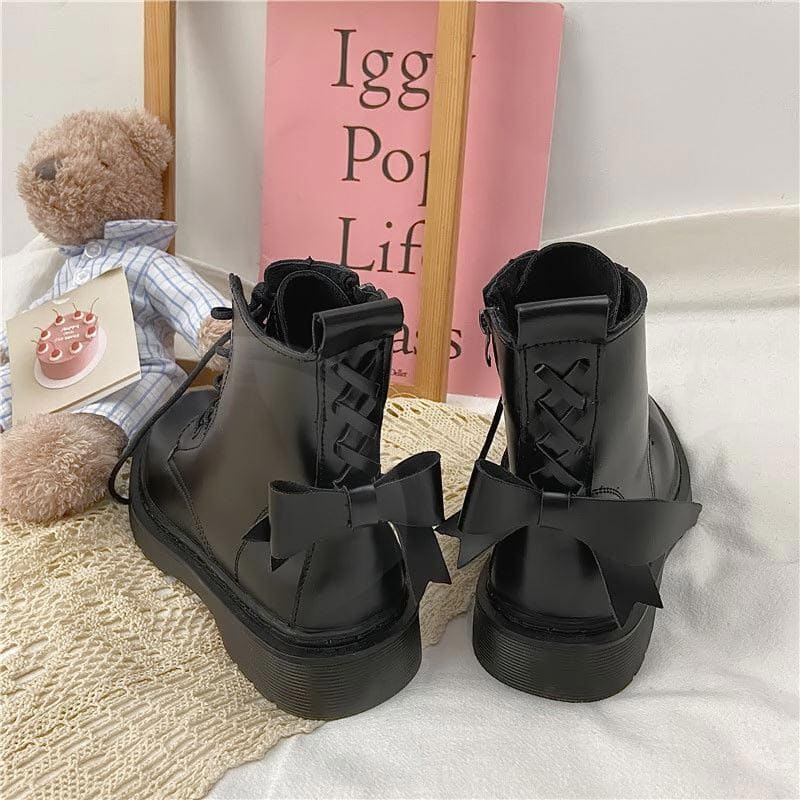 Sweet Bow Tie Lolita Flat Platform Boots - Black / 35