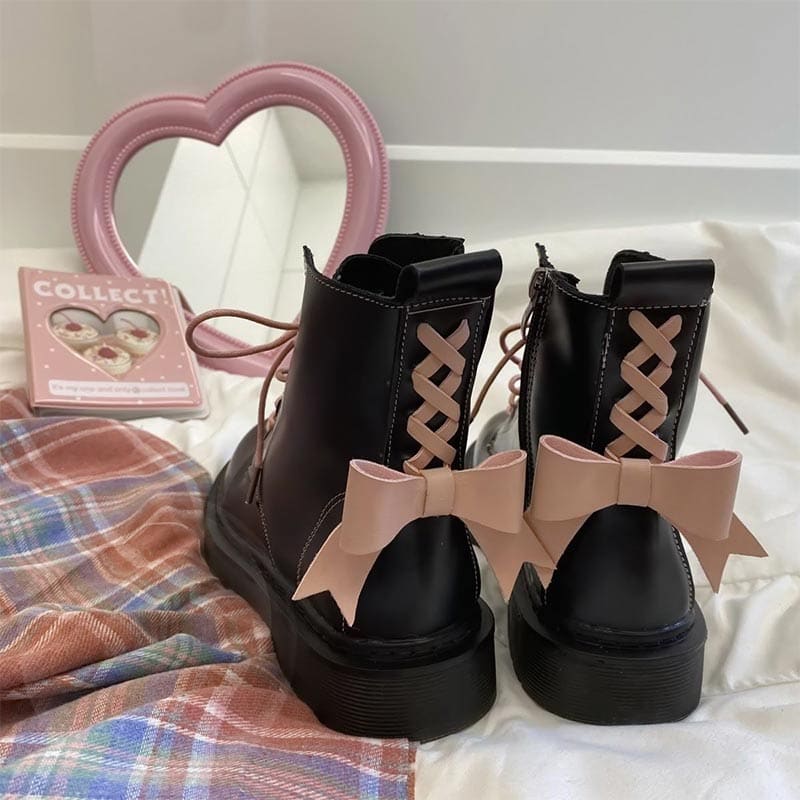 Sweet Bow Tie Lolita Flat Platform Boots - Pink / 35